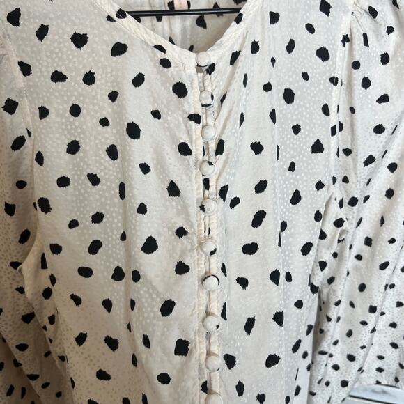 REBECCA TAYLOR 6 Spotted Animal Print Silk Top Button Placket Bell Sleeve White - Picture 7 of 14